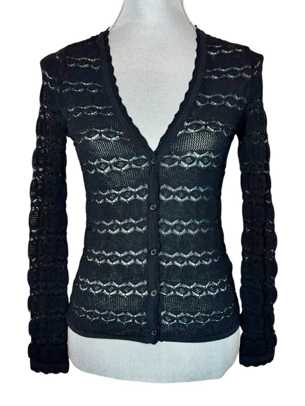 INC International Concepts Black Lace Sheer Knit Button Front Cardigan